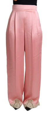 Dolce & Gabbana Pink Lace Trimmed Silk Satin Wide Legs Pants -   -  Dolce & Gabbana.